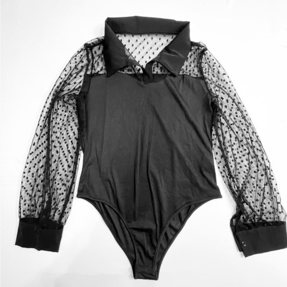 Black Ribbed Bodysuit Sheer Swiss Dot Mesh Long Sleeve Collared V-Neck Snaps
